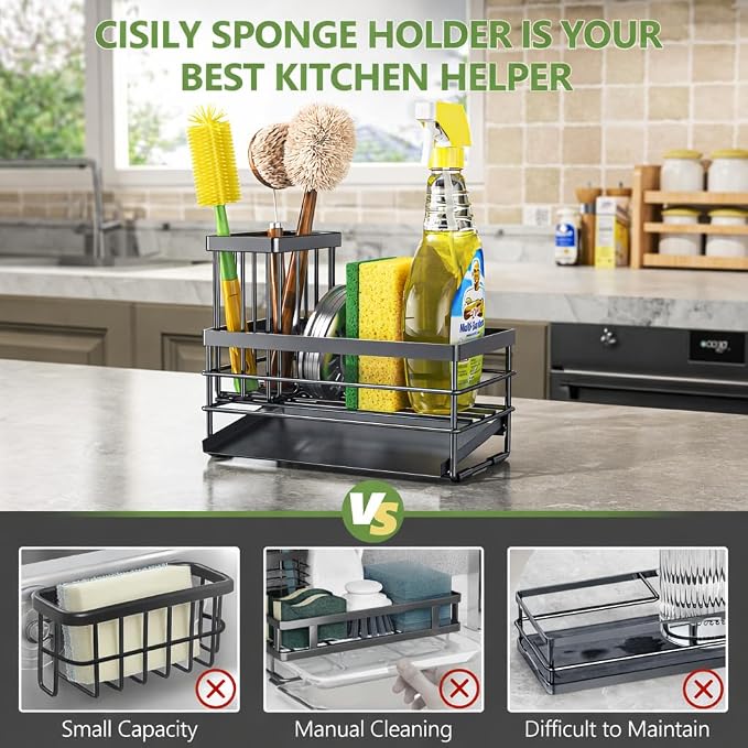 Cisily Sink Caddy Sponge Holder for Kitchen with Brush Holder and Stainless Steel Self Drain Tray, Rustproof Kitchen Sink Organizer for Sponge, Soap Dispenser Storage Accessories - Image 2