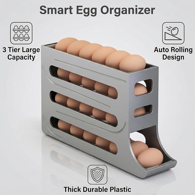 28 Egg Holder for Fridge, 4-Tier Auto Rolling Egg Organizer for Refrigerator, Gravity Slide Dispenser Rack, Space-Saving Storage (Grey) - Image 3