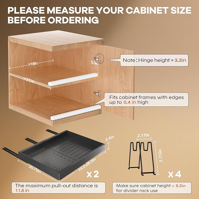Seinloes 2 Pack Pull out Cabinet Organizer 21" Deep With Raising Pad for Framed Cabinets,Expandable (15.2"-26.3"W) Slide out Drawers for Kitchen Cabinets with 4pcs Divider Racks,Roll out Shelves,Black - Image 2
