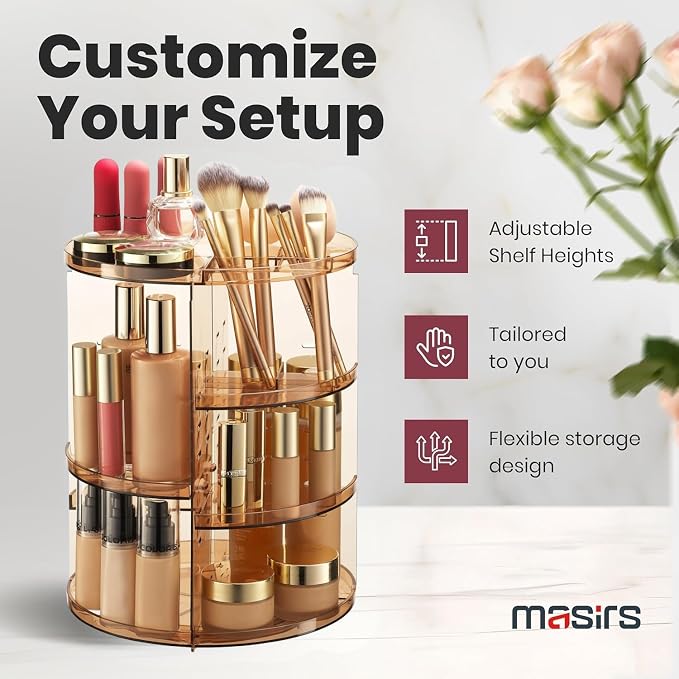 Masirs 360 Rotating Makeup Organizer Countertop, Adjustable Shelf, Brown | 360-Degree Rotating Makeup Organizer, Adjustable Shelf Height, Cosmetic Perfume Skincare Storage, Vanity Countertop, Brown - Image 3
