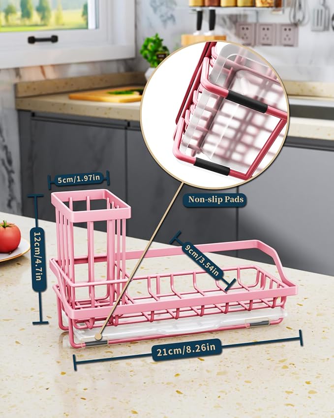 Consumest Sponge Holder for Kitchen Sink - Kitchen Sink Caddy Organizer with Removable Drip Tray for Countertop Dish Soap Dispenser Brush Storage Accessories 304 Stainless Steel, Pink - Image 7