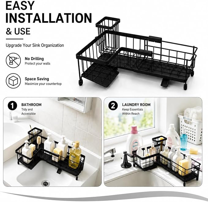 Extendable Corner Sink Sponge Holder, Quick-Drain Caddy for Kitchen Sink, Black - Image 4