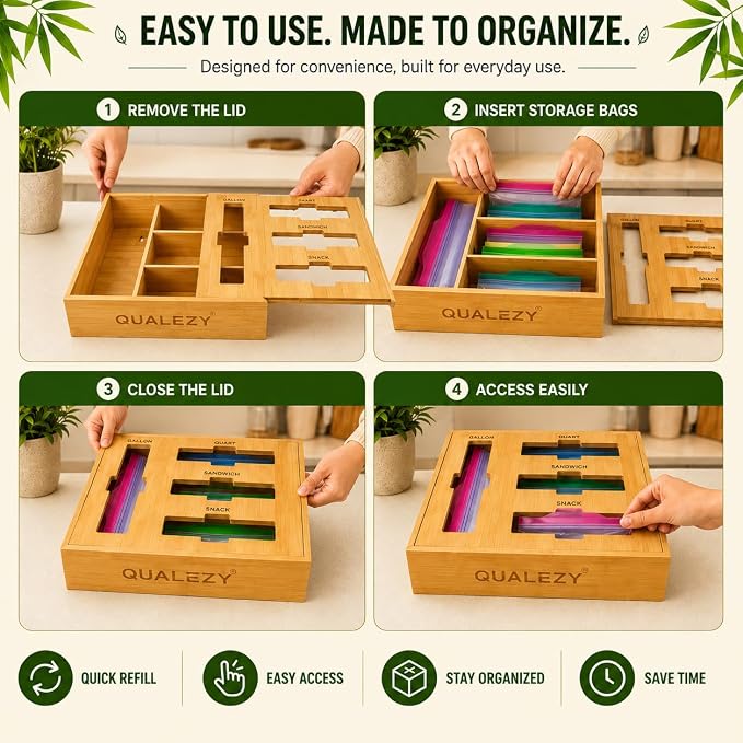 Bamboo Storage Bag Organizer for Drawer | 4-in-1 Baggie Organizer, Kitchen Drawer, Wall Mount & Countertop, Gallon, Quart, Sandwich & Snack, Engraved Labels - Image 3