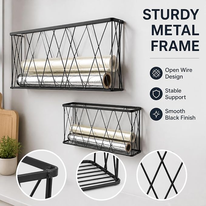 Foil and Plastic Wrap Organizer, 2 Pack Wall Rack for Kitchen Pantry | Metal, cabinet door use, self adhesive hooks, open wire basket, smooth black finish, two sizes, for bags and rolls - Image 2
