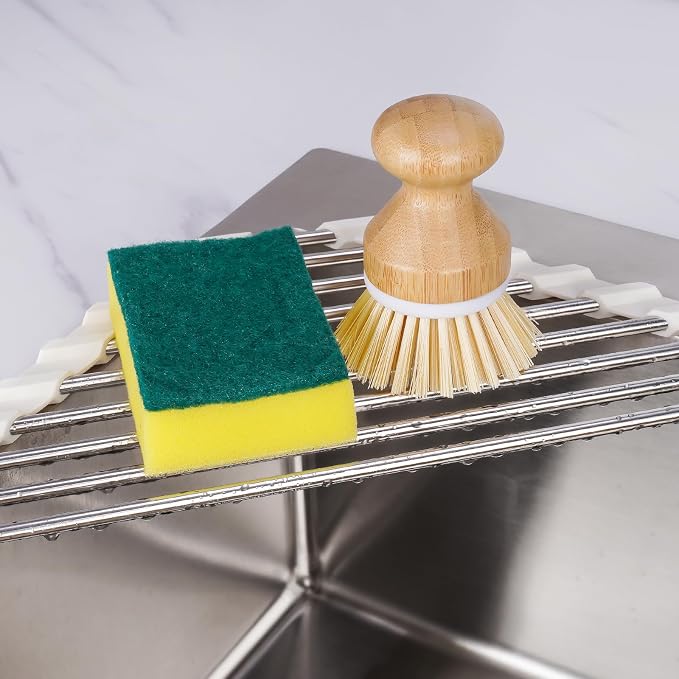 Tomorotec Triangle Roll-Up Dish Drying Rack Sink Corner Small Foldable Stainless Steel Over The Sink Multipurpose Kitchen Drainer Caddy Organizer Storage Shelf Holder (Coconut Milk White) | BPA-Free Food-Grade Silicone Edges Foldable Waterproof Rustpro... - Image 2