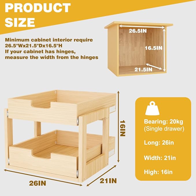 Pull Out Cabinet Organizer, 26''W×21''D×16''H Soft Close Slide Out Wooden Pull out Drawers, Double Tier Slide out Wood Cabinet Organizer, for Base Cabinet Organization in Kitchen, Pantry, Bathroom - Image 2