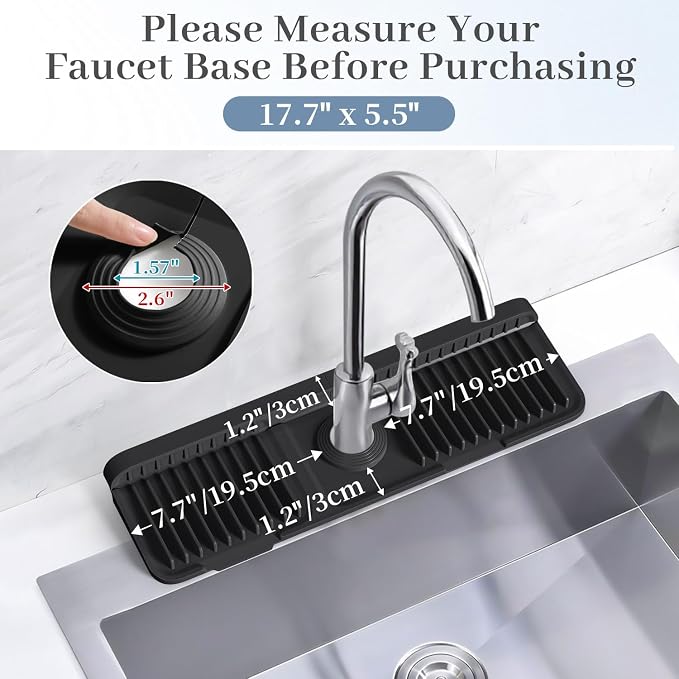 PoYang 17.7 Inch Faucet Mat for Kitchen Sink Splash Guard, Silicone, Black | Sink Protectors with 7° Slope for Smooth Drainage, Snap Button Holds It in Place, 90° Foldable & Cuttable Hole Fit Most Sinks - Image 3