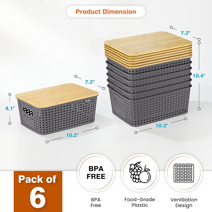Ohmlove 6 Pack Plastic Storage Baskets with Bamboo Lids for Organization | Stackable Storage bins, Storages Baskets for Organizing Shelves Drawers Desktop Closet Playroom Classroom Office,Gray - Image 2