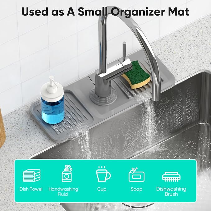 14.6'' Faucet Mat for Kitchen Sink [5°Slope Fast Self-draining] Kitchen Sink Splash Guard Silicone Kitchen Sink Faucet Mat Splash Guard for Kitchen Sink Area Tidy Splash Faucet Guard Draining Mat - Image 7