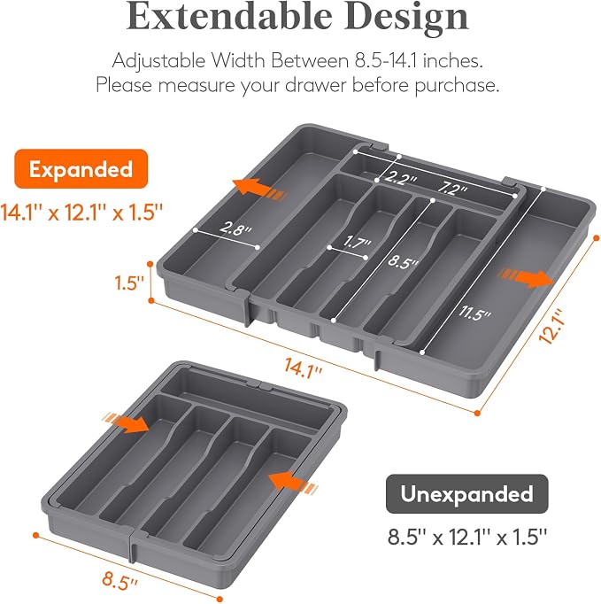 Lifewit Silverware Drawer Organizer, Expandable Utensil Tray for Kitchen, BPA Free Flatware and Cutlery Holder, Adjustable Plastic Storage for Spoons Forks Knives, 8.5-14 x 12", Dark Gray - Image 2