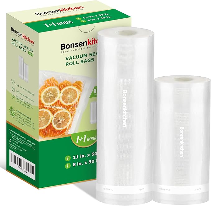 Bonsenkitchen Vacuum Sealer Bags Rolls for food, 11in x 50ft & 8in x 50ft | Durable Food Saver Bags, Commercial Grade, Heavy Duty, BPA Free, Seal a Meal, Food Storage & Sous Vide Cooking, VB25 by Bonsenkitchen
