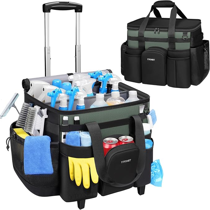 Ytonet Cleaning Caddy with Wheels, Extra Large Rolling Cleaning Caddy Bag | with Detachable Trolley for Housekeepers, Water Resistant Cleaner Supplies Organizer with Wheels for Kitchen, Tool Organizer by YTONET