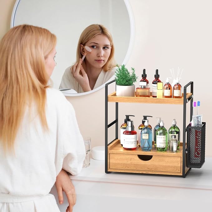 Bathroom Counter Organizer with Drawer and Basket,Wood Countertop Organizer for Bathroom Decor Makeup Tray for Perfume Skincare Bedroom Kitchen Corner - Image 2