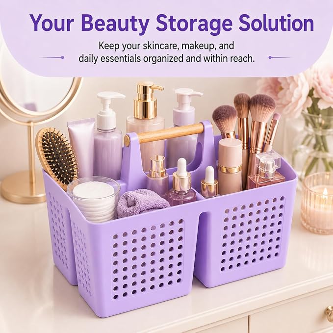 Portable Shower Caddy Basket with 3 Compartments and Handle, Purple | Plastic Divided Beauty Caddy Organizer for Hair Care, Cosmetics, Toiletries, Craft Supplies, Dorms and Vanities - Image 6