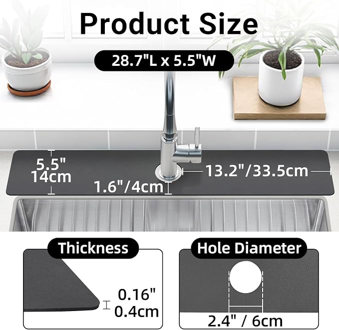 LOPNUR Cuttable Faucet Mat for Kitchen Sink, Extra Long 29 Inch, Dark Grey | Super Absorbent & Fast Dry Diatomite Sink Splash Guard, 0.8-2.4 Inch Adjustable Faucet Hole, Cut to Fit Bathroom & RV Sinks - Image 2