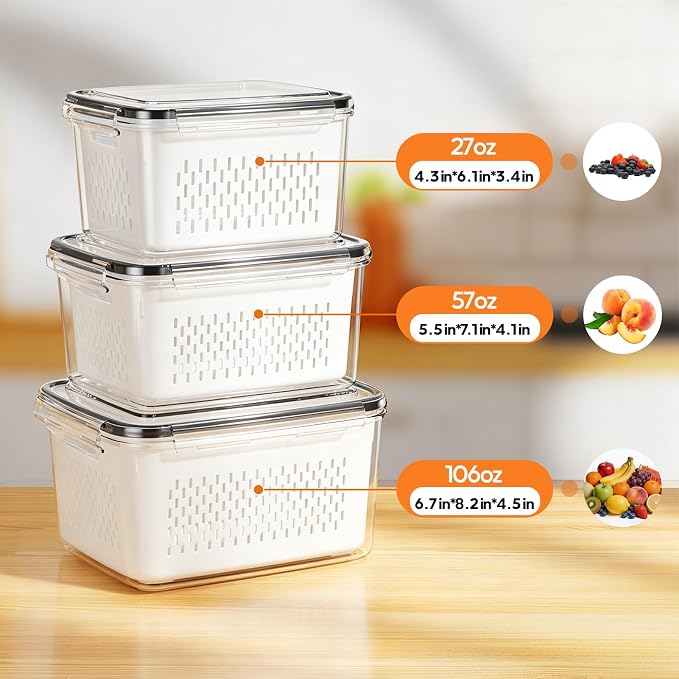 Fruit Storage Containers for Fridge, 3 Pack Plastic Food Storage Container | Produce Storage with Removable Colander, Refrigerator Organizers Keep Fruits Berry Veggie Salad Fresh Longer, Dishwasher Safe - Image 2