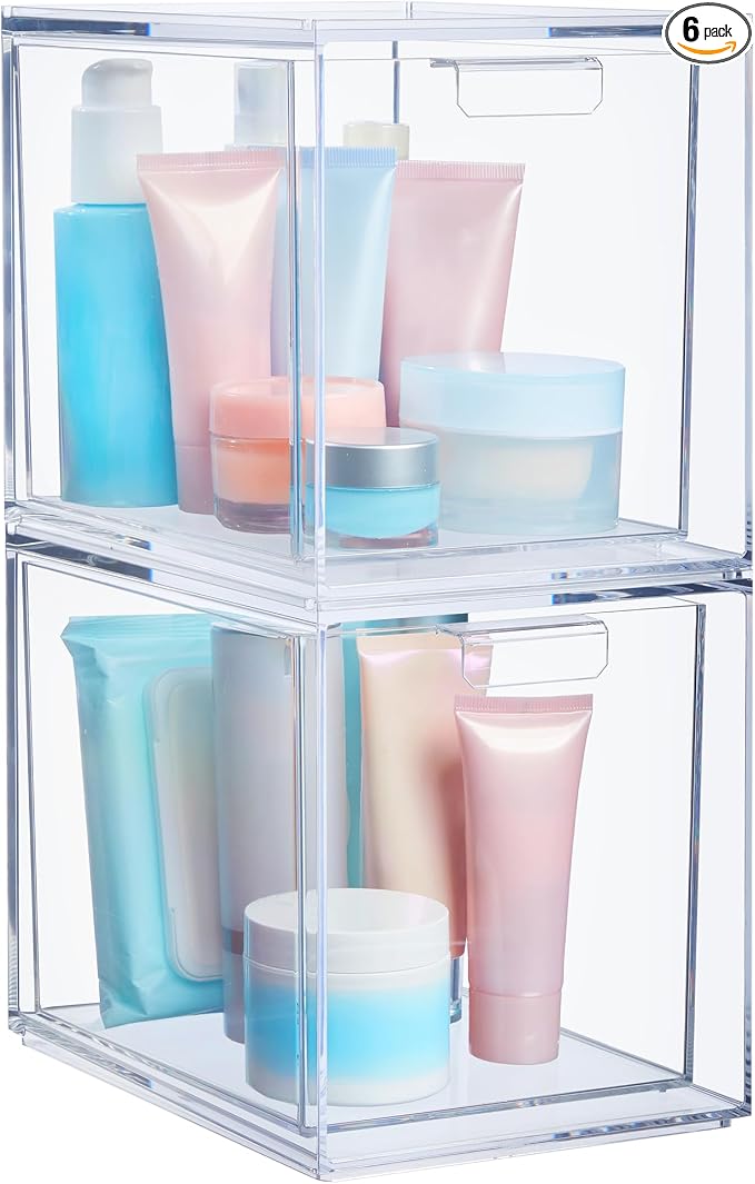 STORi Audrey Stackable Bin Clear Plastic Organizer Drawers | 2 Piece Set | Organize Cosmetics and Beauty Supplies on a Vanity | Made in USA (Pack of 6) by STORi