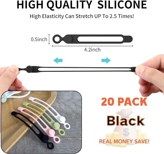 [20Park]UMUST Silicone Cable Ties, Reusable Cable Management Organizer, Cord Tie,Multipurpose Elastic Cord Organizer for Bundling and Fastening Cable Cords Wires(black) | Reusable Cord Ties, Cable Strap Tie for Bundling Electronics Wire,Home Office Tra... - Image 2