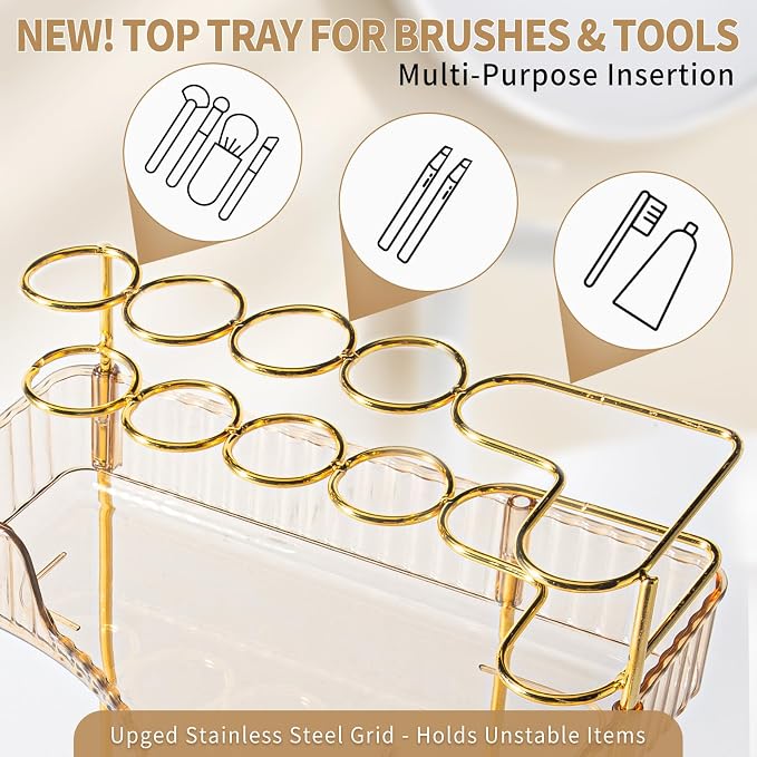 Upgraded 2-Tier Corner Bathroom Countertop Organizer – Spacious Storage for Makeup, Skincare & Perfumes, Built-in Brush Holder Fits Vanity/Dresser/Bsthtub (Vintage Gold) - Image 3
