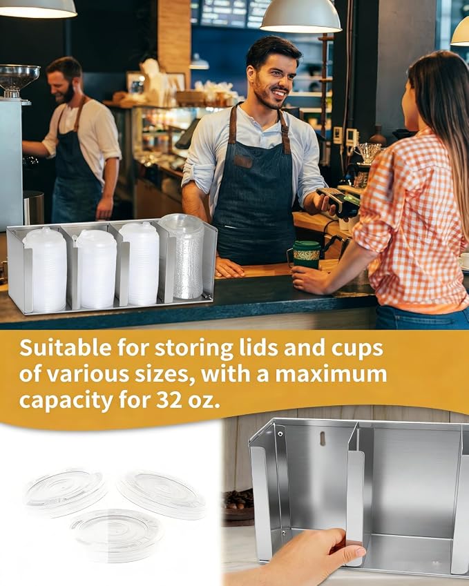 Stainless Steel Cup Dispenser,4 Compartments Cup Holder and Lid Holder with Adjustable Dividers,Cup Organizer for Kitchen Cabinets Cafe Shop Restaurant,Includes Straw Holder - Image 5