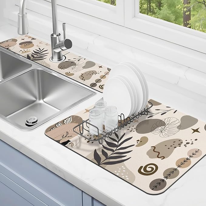 Dish Drying Mat for Kitchen Counter Matt, 2PCS 24"x18" Dish Drainer Mat & 24"x5.5" Sink Splash Guard, Super Absorbent Non-slip Rubber Backed by Kuyig+Home