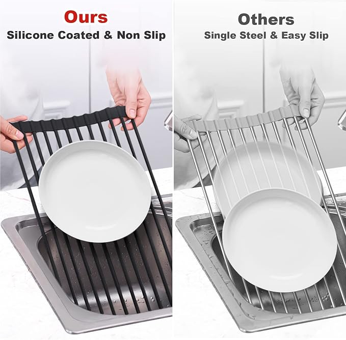 MERRYBOX 20.5" x 13" Roll Up Dish Drying Rack Silicone Wrapped Over The Sink Dish Drying Rack Multipurpose Foldable Sink Drying Mat, Heat-Resistant & Anti-Rust Dish Rack for Kitchen Sink, Large, Black - Image 7