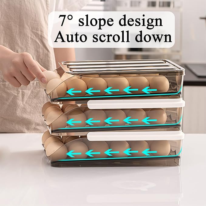 Egg Holder for Refrigerator Auto Scrolling Organizer Plastic Stackable Storage Container Reusable Clear Tray Box Basket Bin Lid Drawer Carrier Keeper(3 Layer) - Image 2