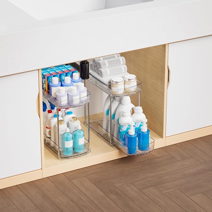 4 Pack Large Pull Out Bathroom Organizers and Storage,2 Tier 12.8″ Tall Sliding Kitchen Under Sink Organizer for Cleaning Products Storage,Acrylic Clear Bathroom inder Sink Organizer,Undersink Storage - Image 4