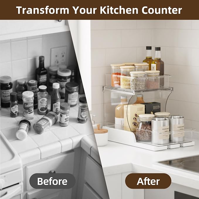 Spice Rack, Countertop Shelf Organizer, 2 Tier Kitchen Organizer | Pull Out 180° Rotating Bottom Shelf, Acrylic Spice Organizer for Cabinet, Pantry Storage, Coffee Station Organizer - Image 3
