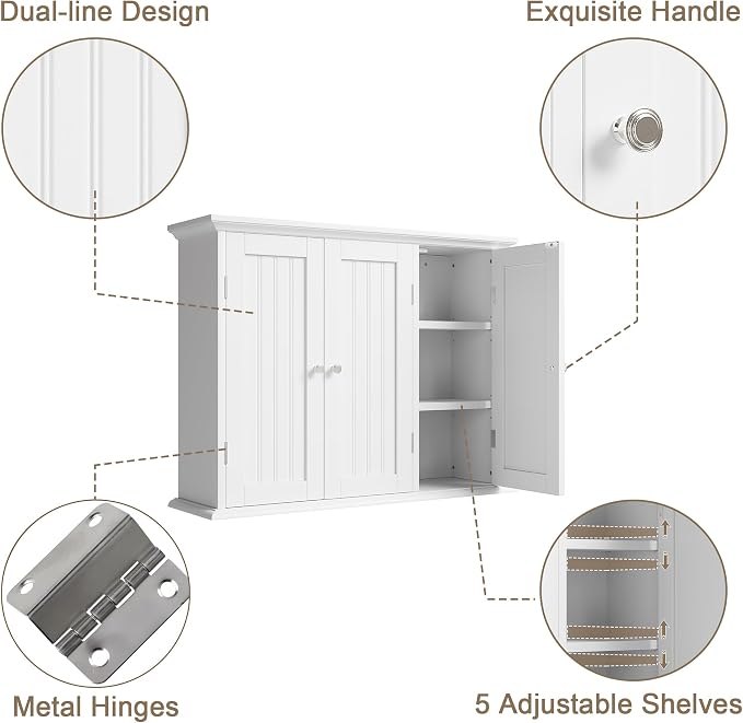 ChooChoo Laundry Cabinet with 3 Doors and Adjustable Shelves | 9.06"D x 31.1"W x 24"H, Bathroom Wall Cabinet, Cupboard, White - Image 6