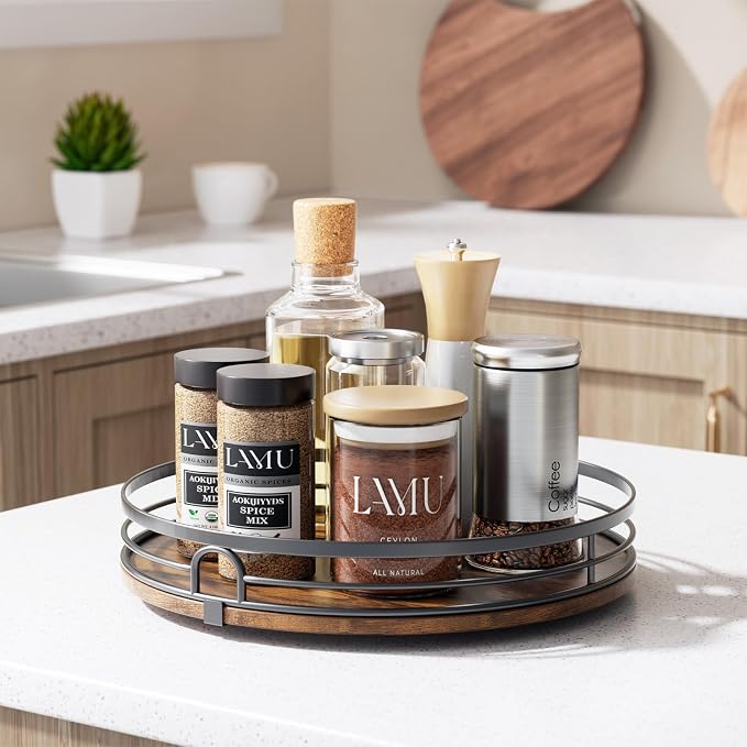 LAMU 12'' Lazy Susan Turntable Organizer for Cabinet, Round Wood Lazy Susan for Table Top, Countertop, Kitchen, Pantry, Spice, Bathroom Vanity, Decor - Image 8