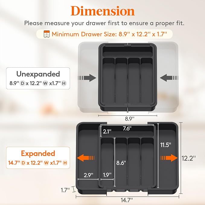 Lifewit Silverware Drawer Organizer, Expandable Utensil Tray | BPA Free Flatware Cutlery Holder for Kitchen, Adjustable Plastic Storage for Spoons Forks Knives, 8.9-14.7 x 12.2, Black - Image 3