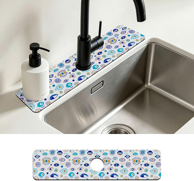 Faucet Mat for Kitchen Sink Doodle Drawing Evil Eyes Sink Splash Guard Behind Faucet Soft Diatom Mud Material Non-slip Easy to Clean for Bathroom & Kitchen 24"X5.5" by Unknown