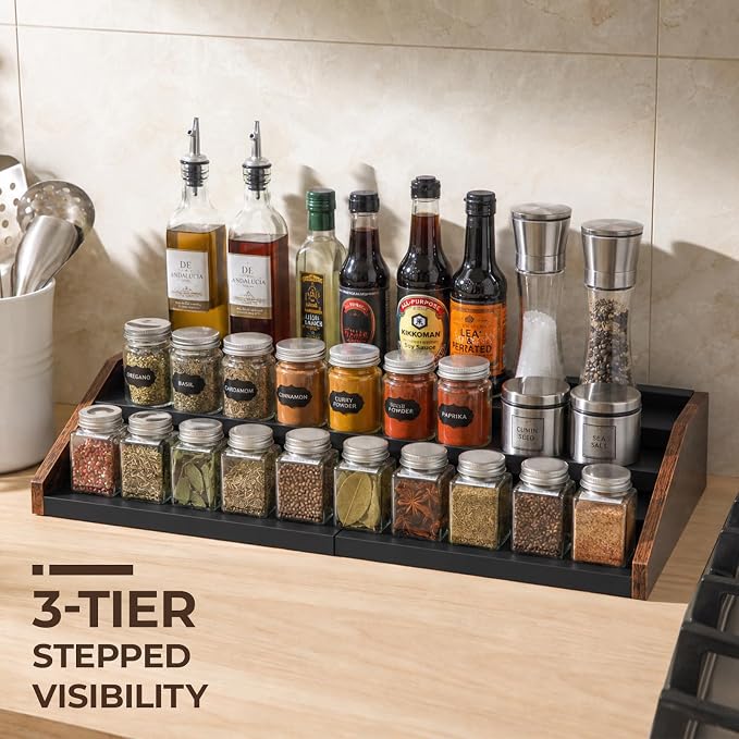 3-Tier Expandable Spice Rack Organizer, 12.8-22.6 in, Rustic Brown | Adjustable, Countertop Stepped wood & iron Seasoning Organizer, Shelf for kitchen Cabinet Pantry Jars Bottles Syrup - Image 2