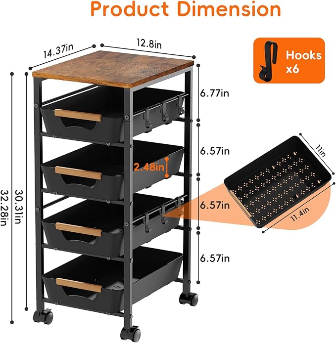 5-Tier Kitchen Storage Cart, Wood Top Rolling Cart Organizer with Pull-Out Baskets & Wheels, Metal Snack Cart with Holder for Fruit, Vegetable, Microwave, Kitchen, Pantry, Black - Image 5