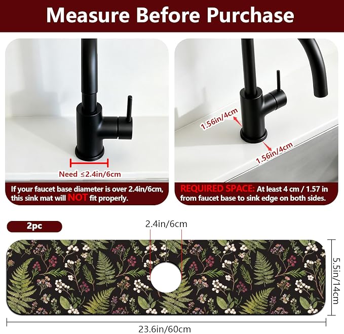 2 Pcs Kitchen Sink Splash Guard Faucet Mat Vintage Fern and Berries Pattern Faucet Mat for Sinks Absorbing Drying Mat for Kitchen Bathroom, 23.6x5.5inch - Image 2