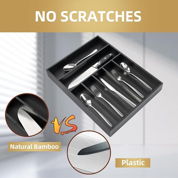 Bamboo Silverware Holder Drawer Utensil Organizer with 7 Slots Black | 13 Inch, 7 Divided Slots, Black Bamboo Wooden, Organize Kitchen Bedroom Office, Flatware Spoon Fork Cutlery Tray - Image 4