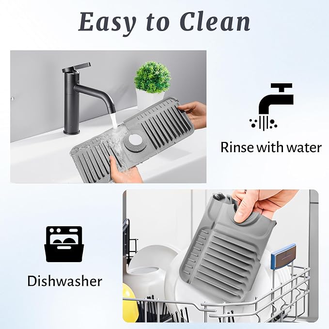 PoYang 14.6 Inch Faucet Mat for Kitchen Sink Splash Guard, Silicone, Grey | Sink Protectors with 7° Slope for Smooth Drainage, Snap Button Holds It in Place, 90° Foldable & Cuttable Hole Fit Most Sinks - Image 9