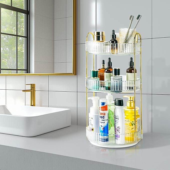 360 Rotating Makeup Organizer, 3 Tier Large Capacity Lazy Susan Bathroom Counter Organizer, Skincare Organizers, Spinning Perfume Organizer & Vanity Organizer Countertop (Golden Clear, 3 Tier) - Image 8