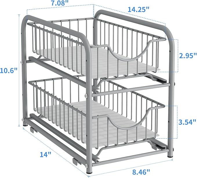 2-Tier Pull Out Organizer Under Sink Sliding Cabinet Rack,Sliver | Stackable sliding basket metal organizer with adjustable height and anti slip pad. Ideal for under sink or cabinet storage. - Image 3