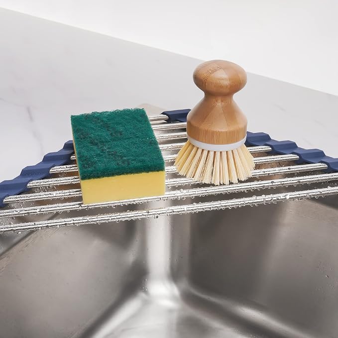 Tomorotec Triangle Roll-Up Dish Drying Rack for Sink Corner Small Foldable Stainless Steel Over The Sink Multipurpose Kitchen Drainer Caddy Organizer Storage Shelf Holder (Deep Blue) | BPA-Free Food-Grade Silicone Edges Foldable Waterproof Rustproof He... - Image 3