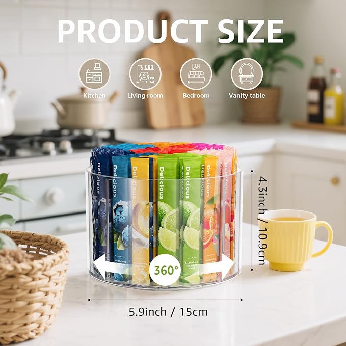 2-Pack Divided Drink Packet Organizer, Rotating Turntable Organizer | Spinning Powdered Drink Mix Holder, Clear Lazy Susan Turntable, Divided Water Drink Packet Storage Organizer - Image 3