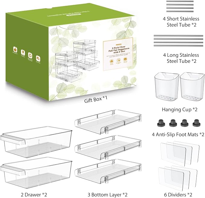 WAKISA 2Pcs Pull Out Organizer and Storage with Cups and Removable Dividers | Slide Out Drawer Storage Containers for Bathroom, Kitchen and Under-Sink Organization with 2 Cups and 6 Removable Dividers - Image 7