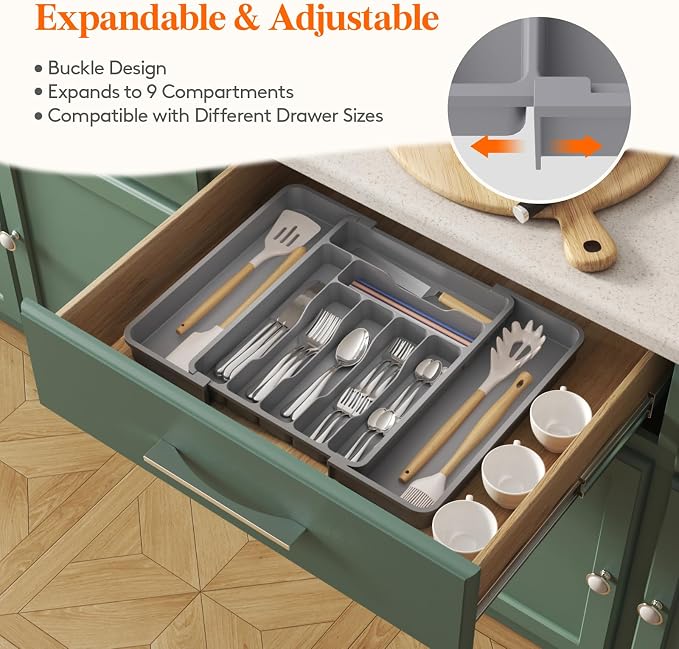 Lifewit Utensil Organizer for Kitchen Drawer, Expandable Cooking Silverware Tray, Adjustable Cutlery Flatware Holder, Plastic Spatula Tools Storage Divider, 11.8-19.6 x 15", Gray - Image 4