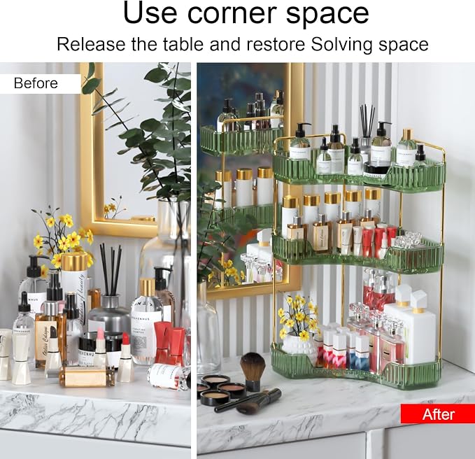 GTI 3-Tier Corner Bathroom Counter Organizer, Large Capacity Makeup Organizer Countertop, Perfume Cosmetics Skincare Vanity Organizers, Exquisite Countertop Storage for Women (Green) - Image 4