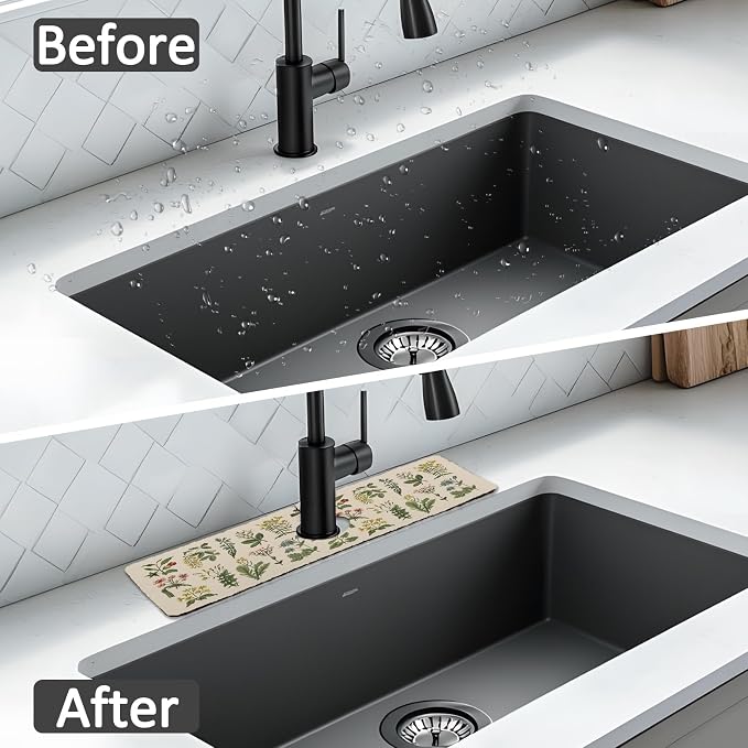 15" X 5.5" Kitchen Sink Splash Guard Faucet Mat Floral Super Absorbent Fast Drying Faucet Guard & Draining Mat Sink Splash Guard Behind Faucet for Kitchen, Bathroom - Image 6