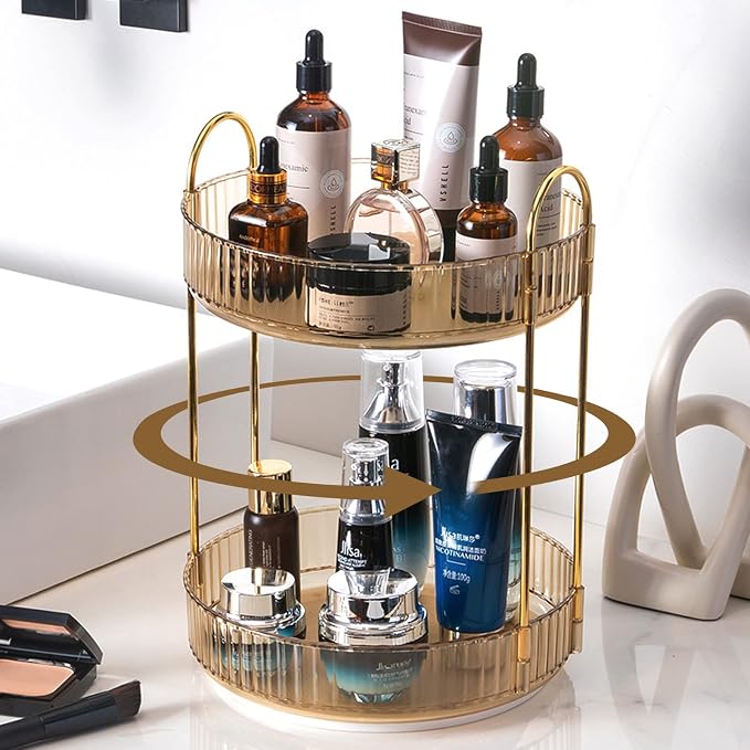 Rotating Makeup Organizer for Vanity, High-Capacity Skincare Clear Make Up Storage Perfume Organizers Cosmetic Dresser Organizer Countertop 360 Spinning (Gold, 2 Tier) by SHUANGQING