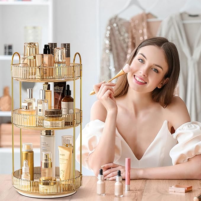Rotating Makeup Organizer for Vanity, High-Capacity Skincare Clear Make Up Storage Perfume Organizers Cosmetic Dresser Organizer Countertop 360 Spinning (Gold, 3 Tier) - Image 4