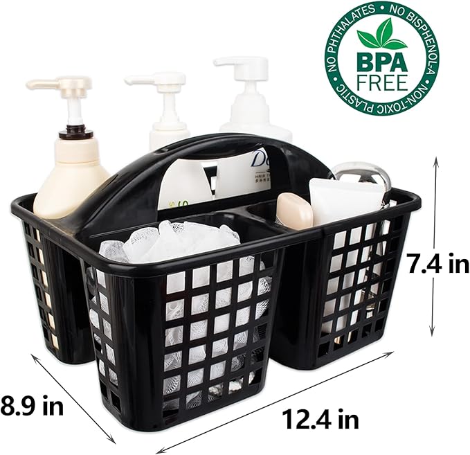Portable Shower Caddy Basket Plastic Storage Basket with Compartments Black | Sturdy Large Capacity Cleaning Supplies Organizer Divided Tool Bin for Bathroom Kitchen Bedroom College Dorm Essentials - Image 5