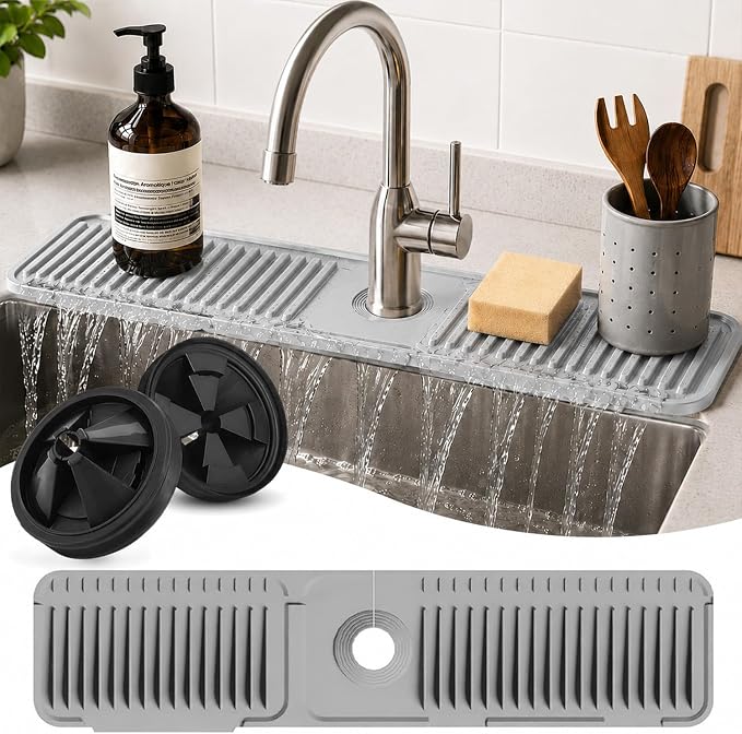 24 Inch Silicone Faucet Mat for Kitchen Sink Splash Guard, W/Sink Baffle | BPA-free silicone, Heat-resistant, non-slip, and built to withstand daily kitchen use, dishwasher safe and simple to rinse by Unknown